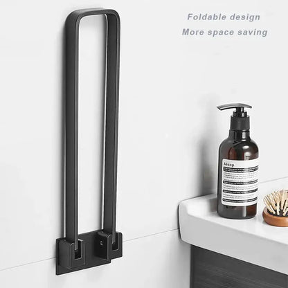 Foldable black aluminum single layer towel rack wall mounted with sleek minimalist design by decorbites for bathroom use