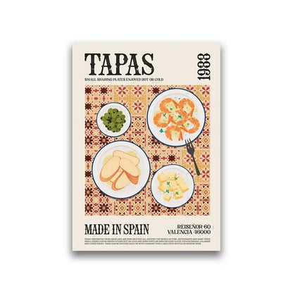 DecorBites™ vintage-style canvas painting featuring illustrated tapas plates on patterned tile wall art with cream borders