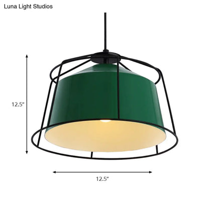 Forest Green Barn Shaped Pendant Light: Traditional Metal Cage Single Lamp for Kitchen