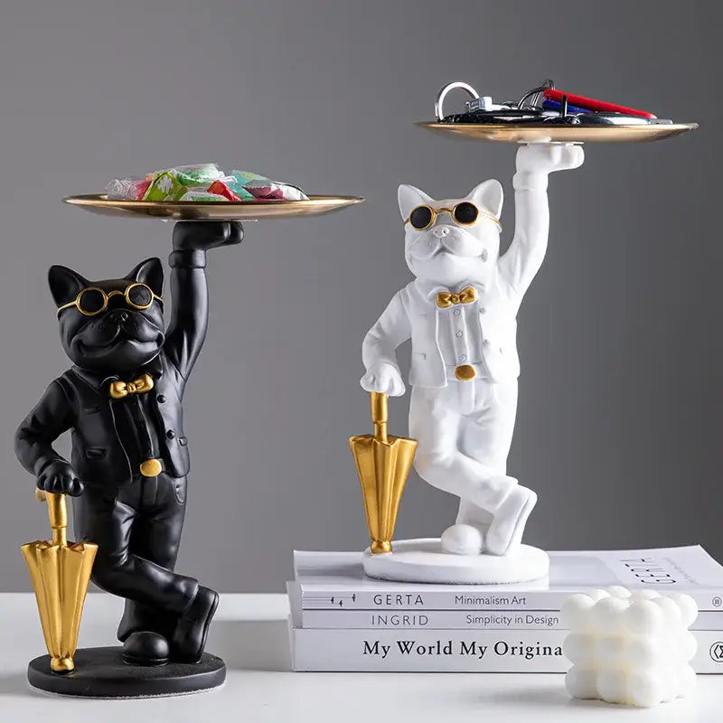 Formal black and white cat resin statue tray with gold accessories for study room decor featuring resin statue tray design