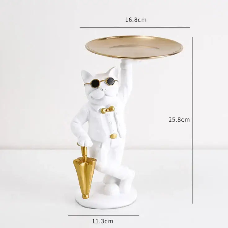 Formal black and white cat resin statue tray with gold sunglasses bow tie and umbrella for study room decor