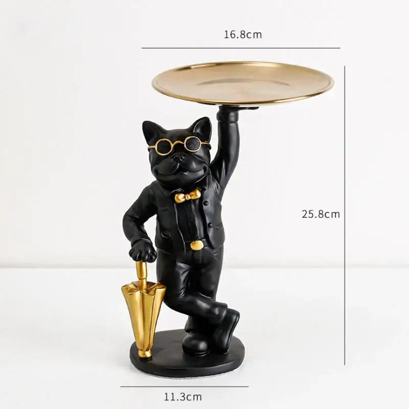 Formal black french bulldog resin statue tray with gold accents holding umbrella for study room decor