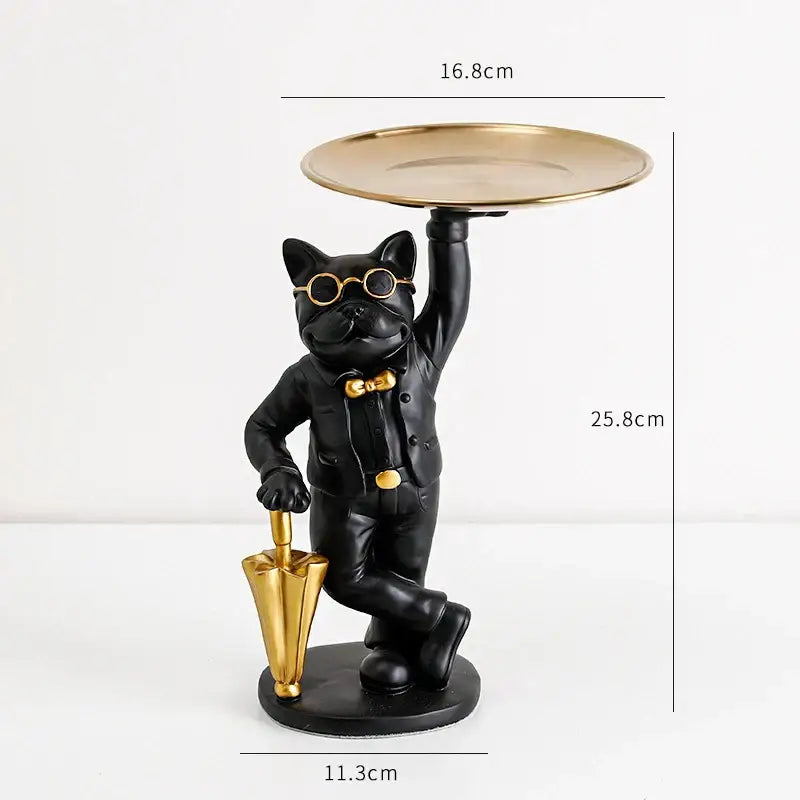 Black french bulldog resin statue tray in suit with gold accents holding umbrella for formal study room decor