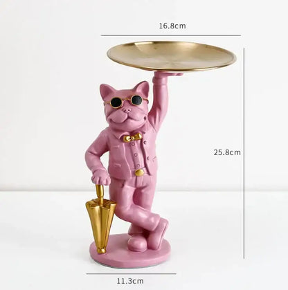 Pink french bulldog resin statue tray dressed in suit with gold sunglasses holding tray and umbrella for study room decor