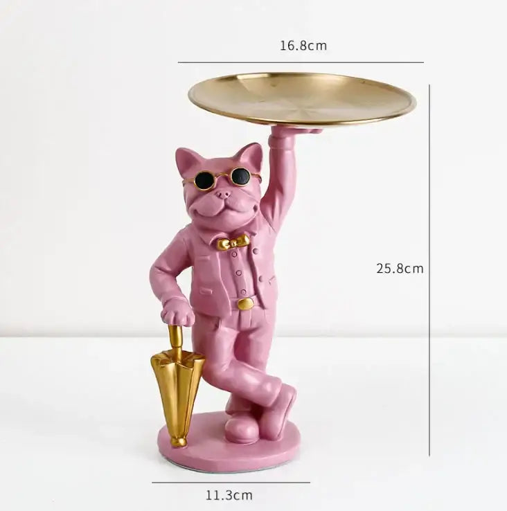 Pink french bulldog resin statue tray dressed in suit with gold sunglasses holding tray and umbrella for study room decor
