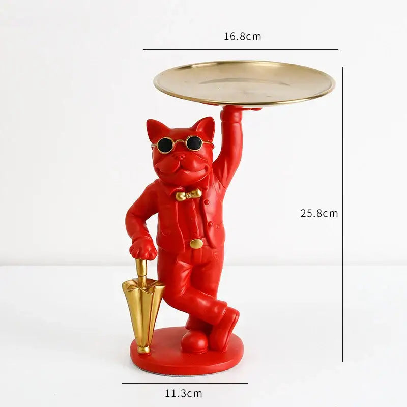 Red cat resin statue tray wearing sunglasses and suit holding gold tray and umbrella for study room decor