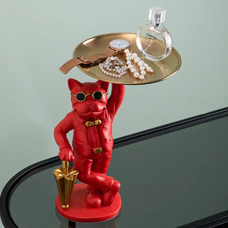 Red french bulldog resin statue tray in suit holding gold tray and umbrella for formal study room decor