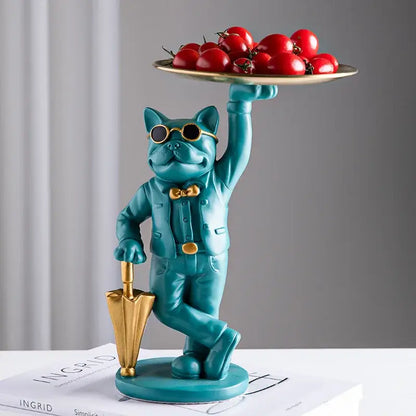 Teal bulldog resin statue tray wearing gold sunglasses and suit holding umbrella and golden tray with cherry tomatoes