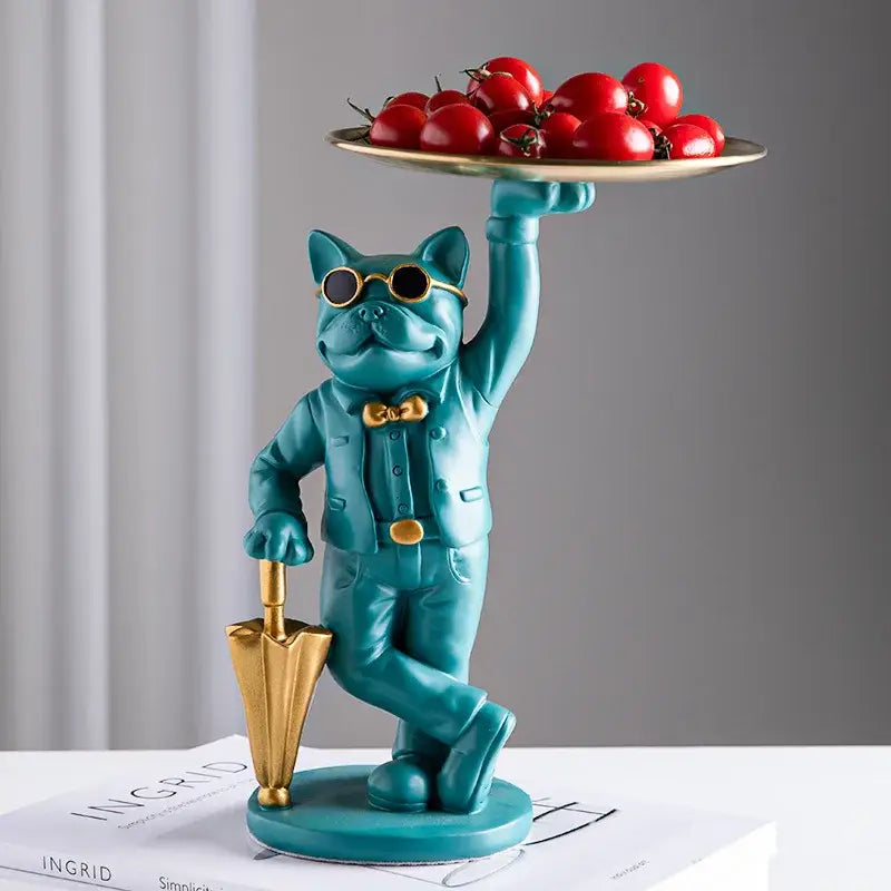 Teal bulldog resin statue tray wearing gold sunglasses and suit holding umbrella and golden tray with cherry tomatoes