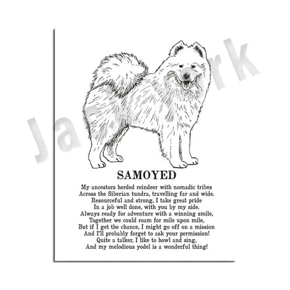 Framed black and white samoyed dog breed poetry poster set featuring a fluffy dog line drawing for living room decorbites decor