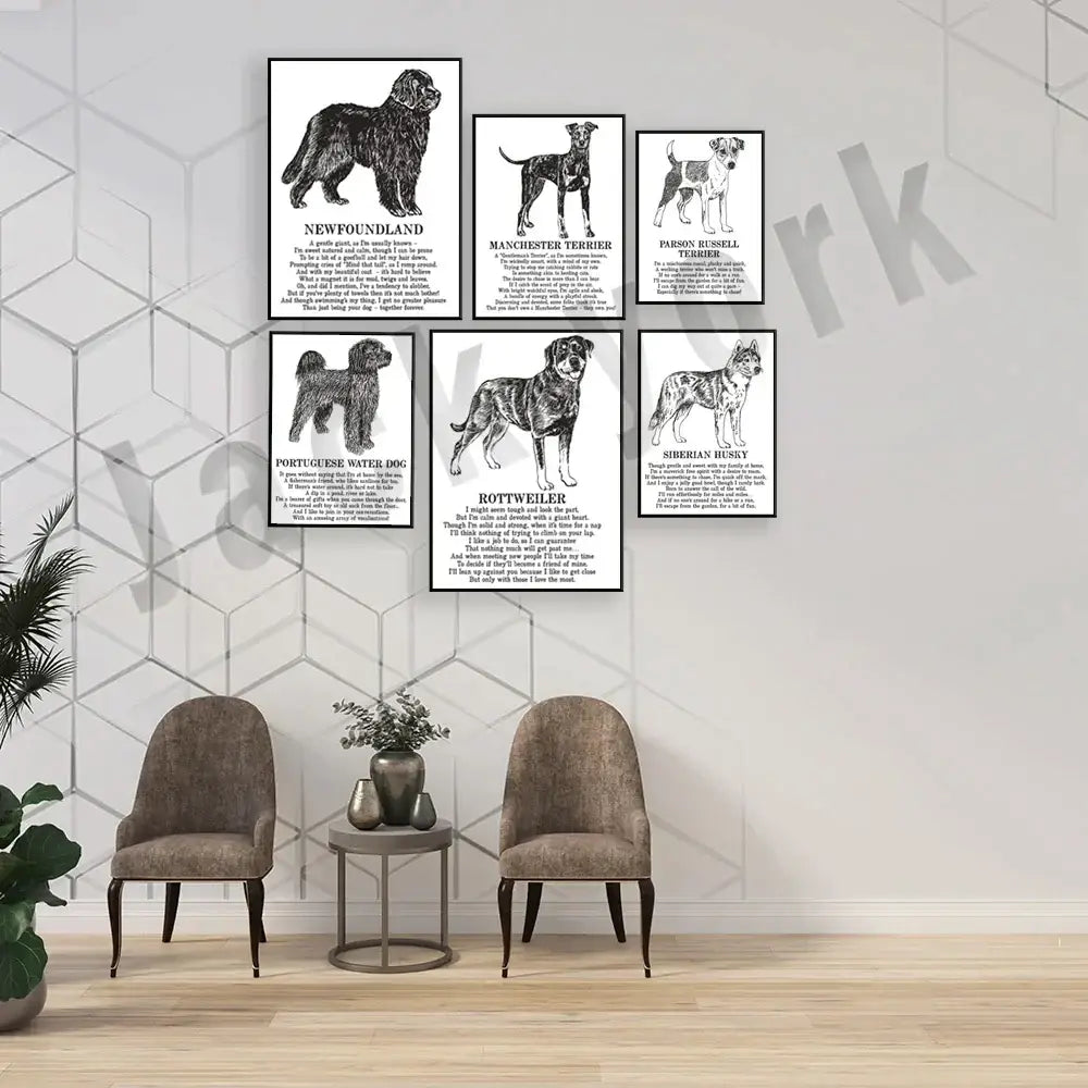 Set of six framed black and white dog breed poetry posters featuring detailed illustrations for modern living room decor