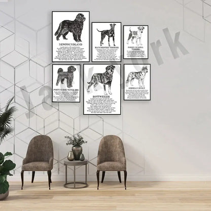 Set of six framed black and white dog breed poetry posters featuring detailed illustrations for modern living room decor