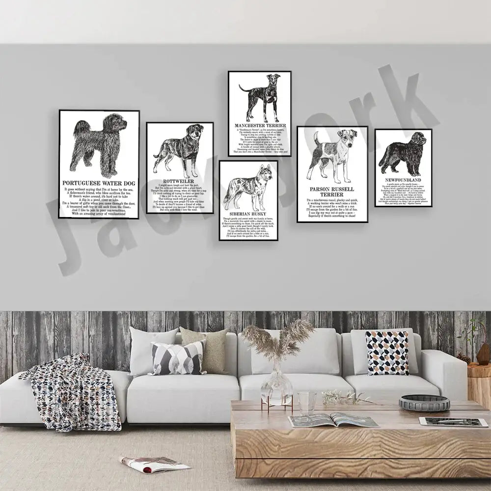 Set of six framed black and white dog breed poetry posters for modern living room decor by Decorbites dog breed series