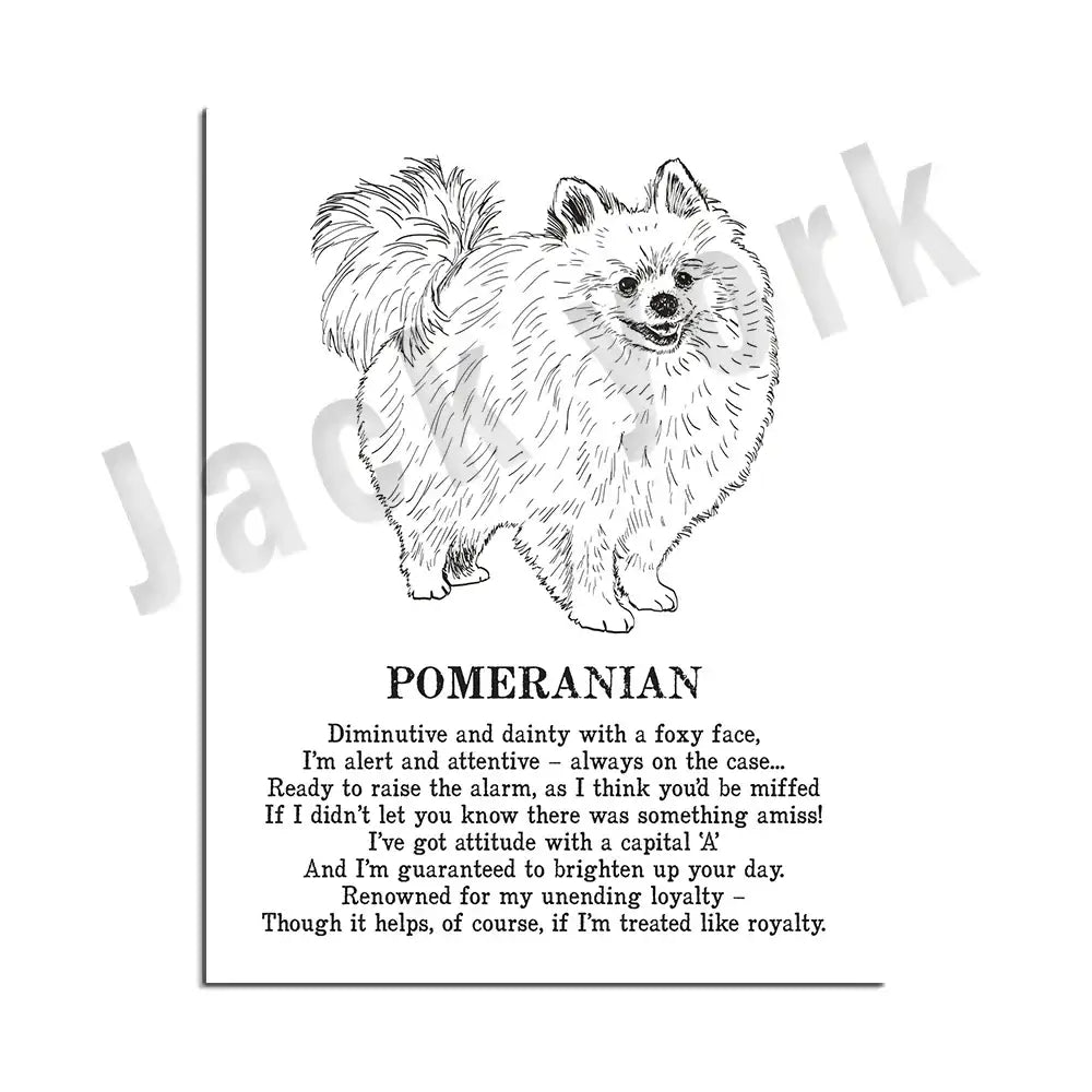 Framed black and white dog breed poetry poster featuring a playful pomeranian illustration for living room decorbites decor
