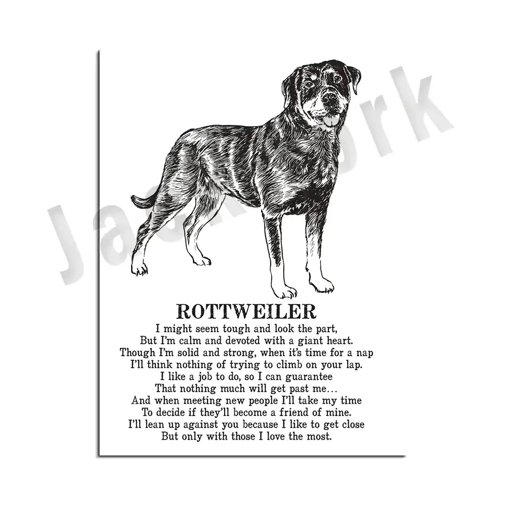 Framed black and white rottweiler dog breed poetry poster set for living room decor by decorbites