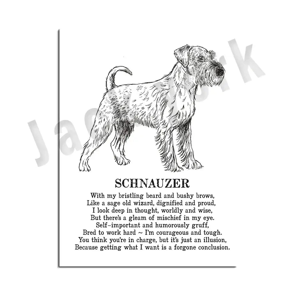 Framed black and white schnauzer dog breed poetry poster for living room decor featuring decorbites dog breed design