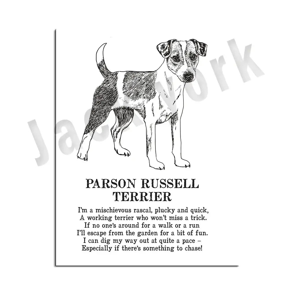 Framed black and white line drawing of parson russell terrier dog breed poetry poster for decorbites dog breed decor