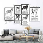 Set of seven framed black and white dog breed poetry posters featuring different breeds for living room decorbites dog breed decor