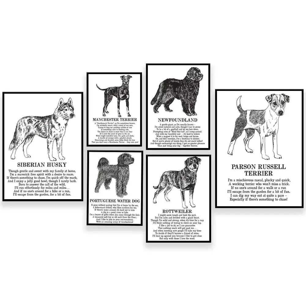 Set of six framed black and white dog breed poetry posters featuring detailed illustrations for decorbites dog breed decor
