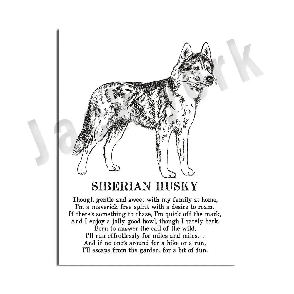 Framed black and white siberian husky dog breed poetry poster with detailed sketch for living room decorbites dog breed decor