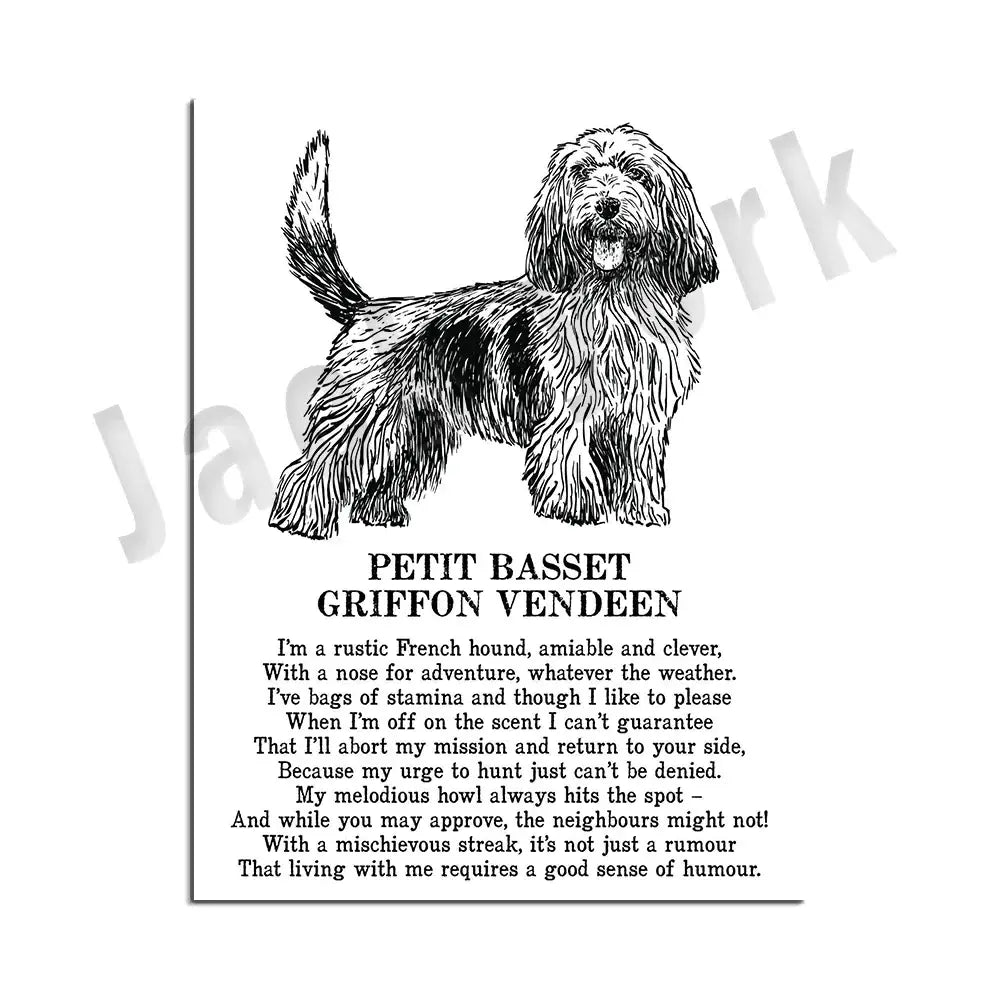 Framed black and white dog breeds poster featuring detailed line art of a petit basset griffon vendeen for decorbites wall art
