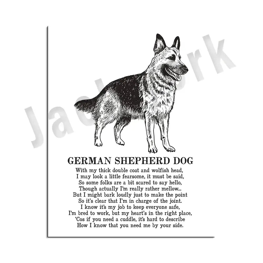 Framed black and white german shepherd dog breeds poster featuring decorbites decor for bedroom wall art