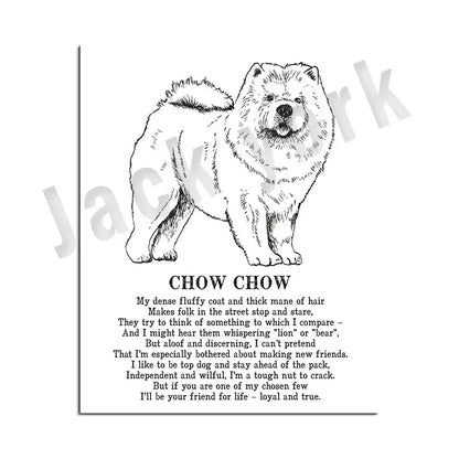Framed black and white chow chow dog breeds poster with poem decorbites dog breeds bedroom wall art decor