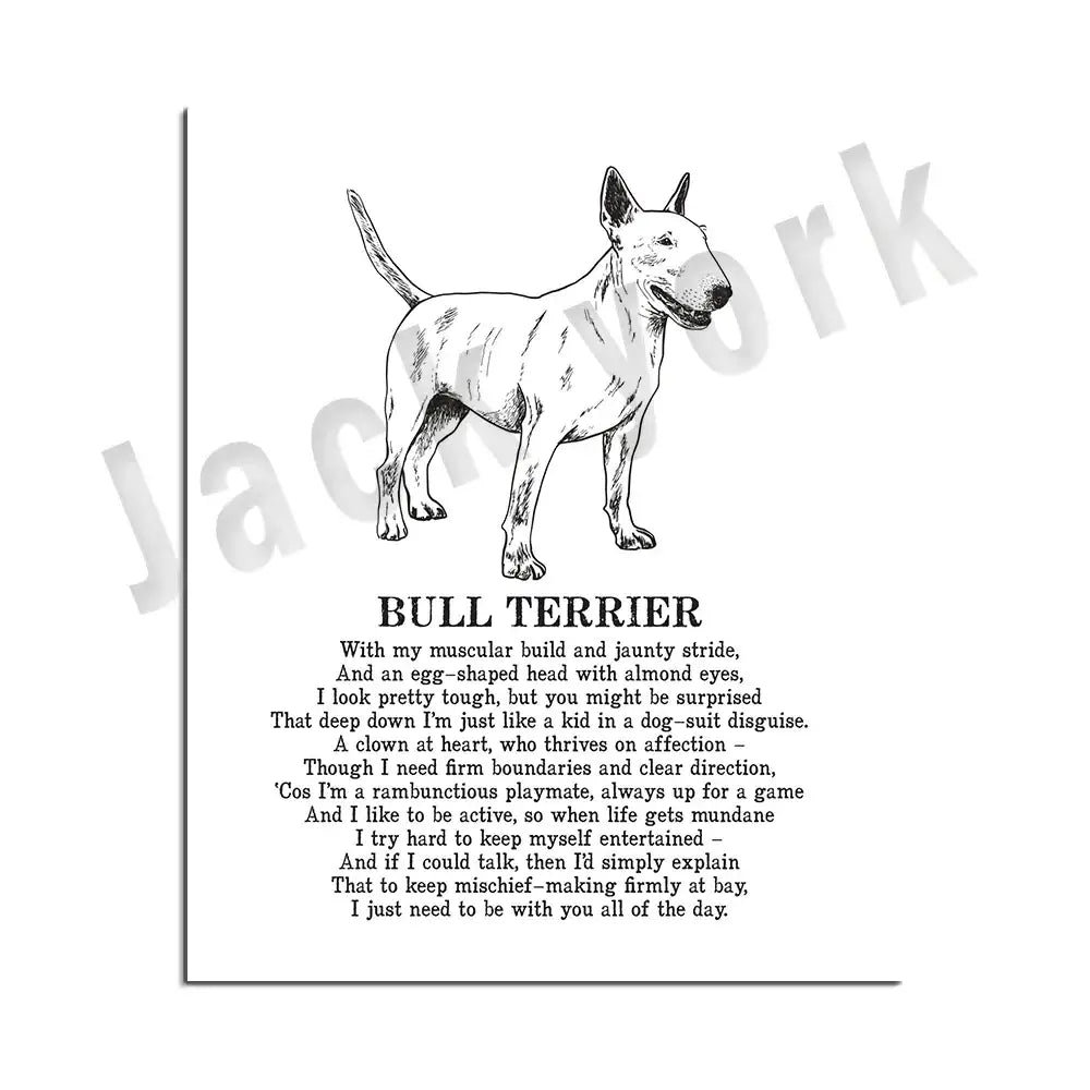 Framed black and white bull terrier dog breeds poster with poem decorbites dog breeds bedroom wall art decor