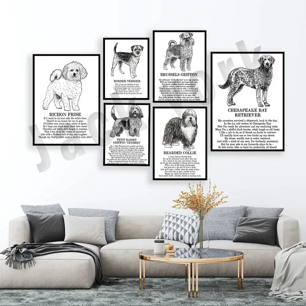 Set of framed black and white decorbites dog breeds posters with detailed illustrations for bedroom wall art decor