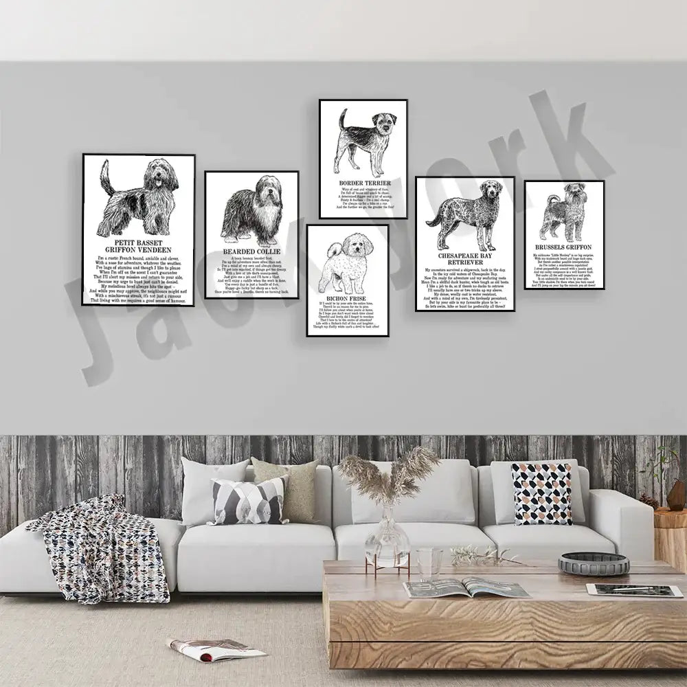 Set of seven framed black and white dog breeds posters arranged as bedroom wall art above a white sofa decorbites dog breeds