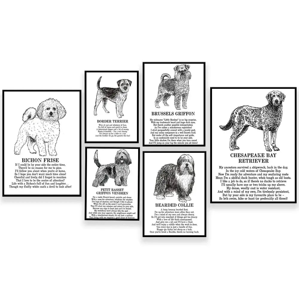 Set of six framed black and white dog breeds poster illustrations with descriptive poetry for bedroom wall art decorbites dog breeds