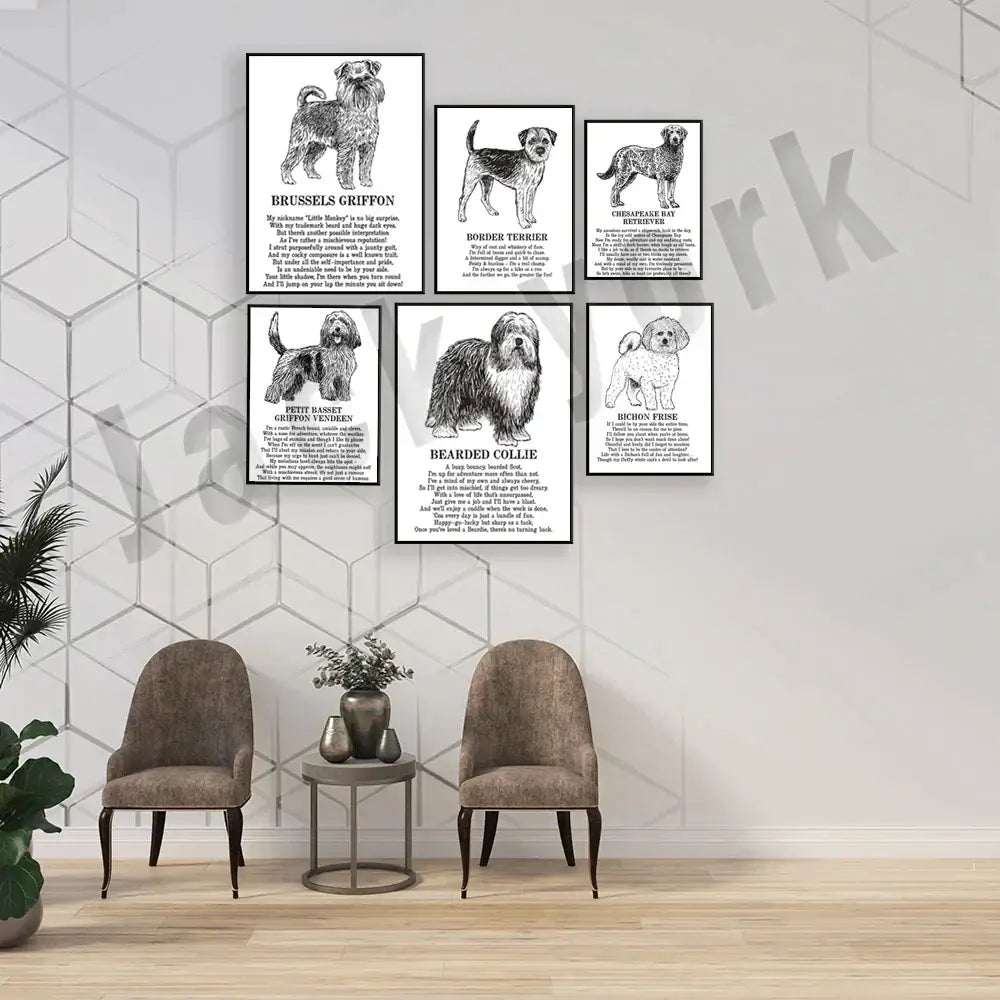 Set of six framed black and white dog breeds posters with detailed illustrations for bedroom wall decorbites dog breeds art