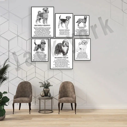Set of six framed black and white dog breeds posters with detailed illustrations for bedroom wall decorbites dog breeds art