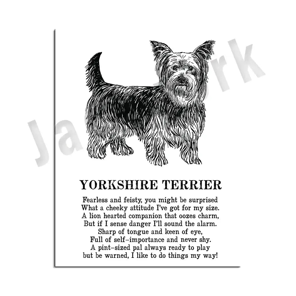 Framed black and white dog poetry poster featuring detailed yorkshire terrier line drawing for living room wall art
