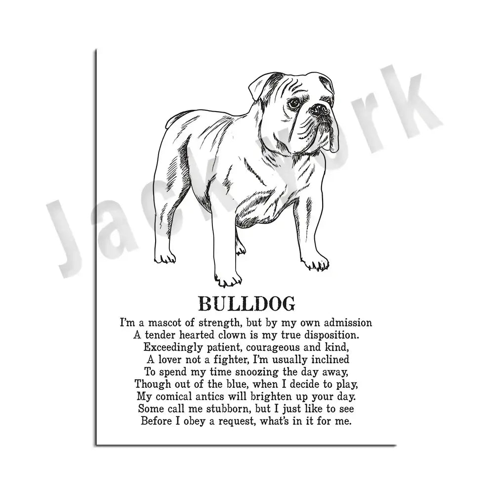 Framed black and white bulldog illustration with dog poetry beneath in a dog poetry poster for living room wall art