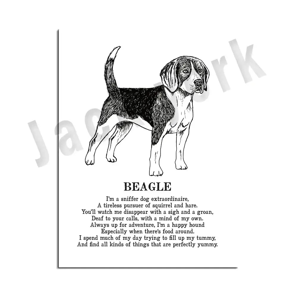 Framed black and white illustrated beagle dog poetry poster with whimsical poem for living room wall art decor
