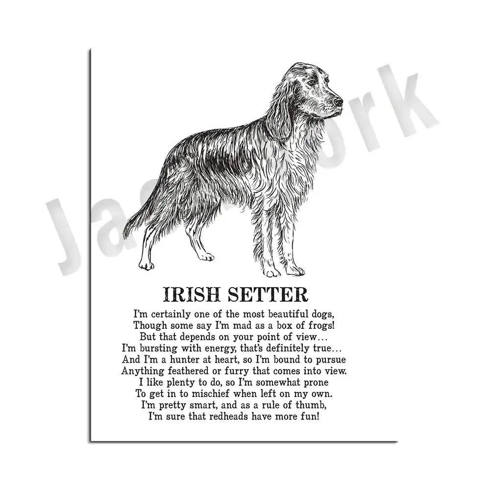 Framed black and white dog poetry poster featuring detailed irish setter illustration and bold uppercase poem text for living room wall art