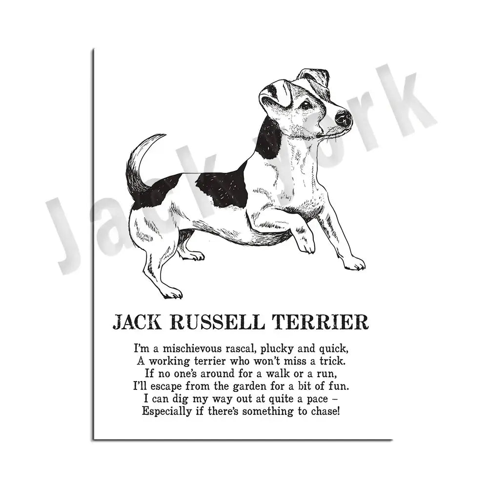 Framed black and white dog poetry poster featuring a playful jack russell terrier sketch for living room wall art