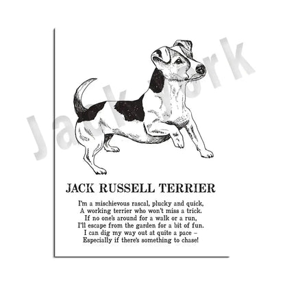 Framed black and white dog poetry poster featuring a playful jack russell terrier sketch for living room wall art