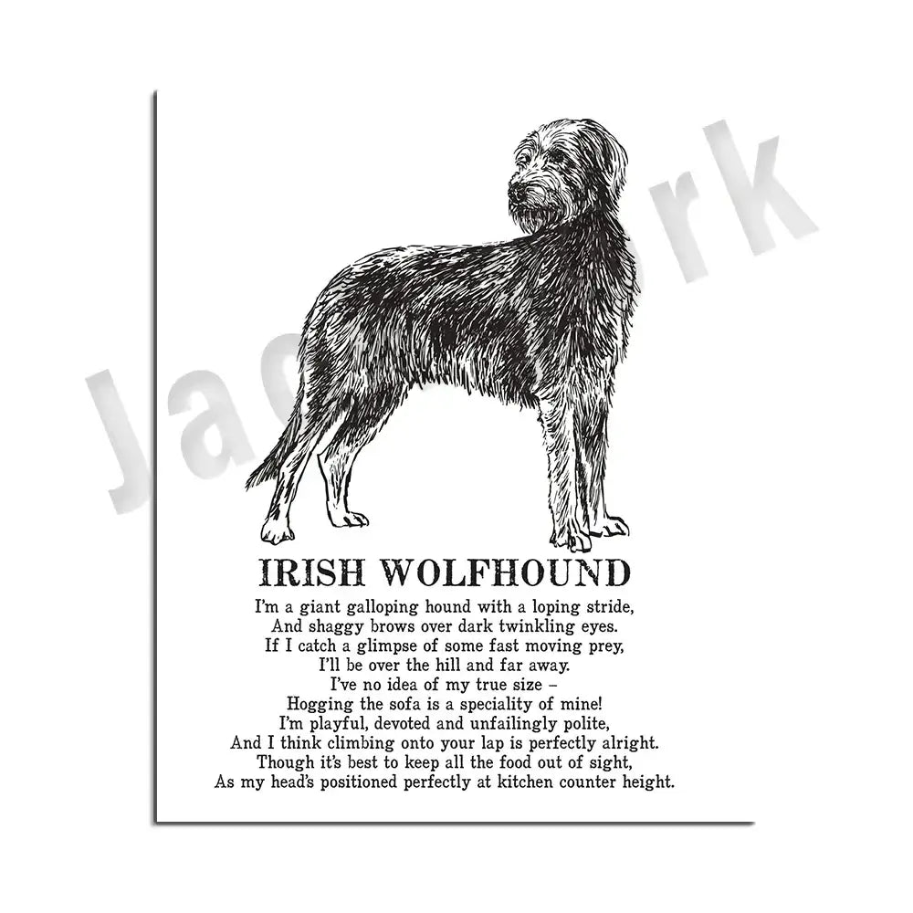Framed black and white dog poetry poster featuring an illustrated irish wolfhound with a poem for living room wall art