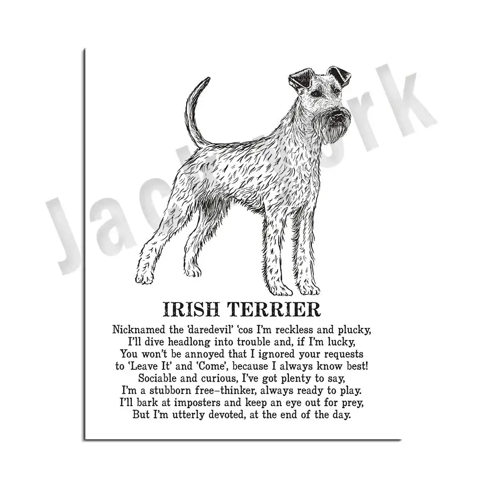 Framed black and white dog poetry poster featuring detailed irish terrier line art for living room wall art