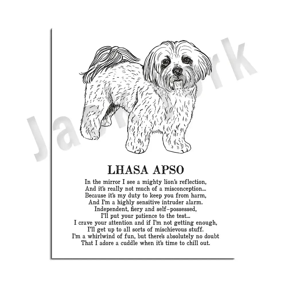 Framed black and white dog poetry poster featuring detailed lhasa apso line art for living room wall art
