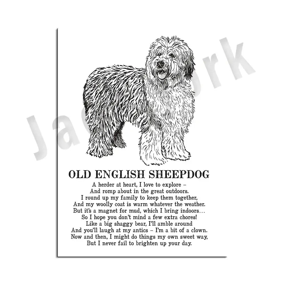 Framed black and white dog poetry poster featuring an old english sheepdog with a fluffy shaggy coat for living room wall art