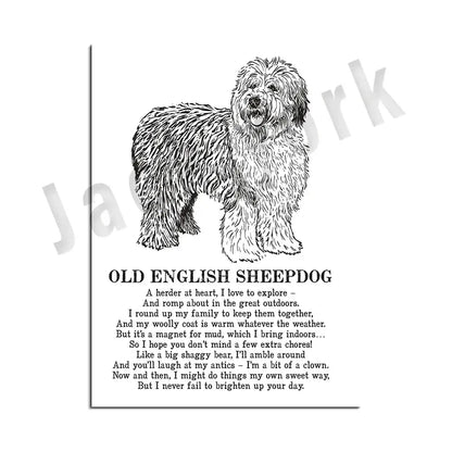 Framed black and white dog poetry poster featuring an old english sheepdog with a fluffy shaggy coat for living room wall art