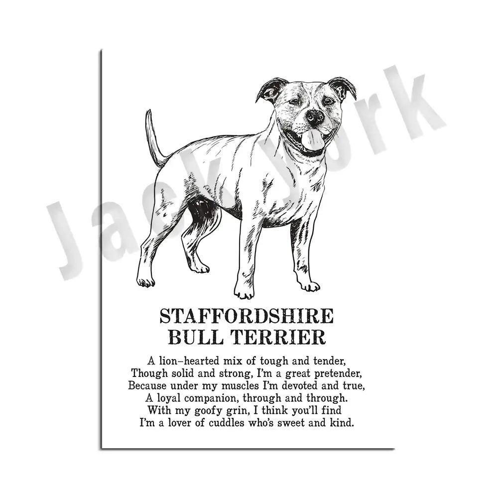 Framed black and white staffordshire bull terrier line drawing dog poetry poster for living room wall art
