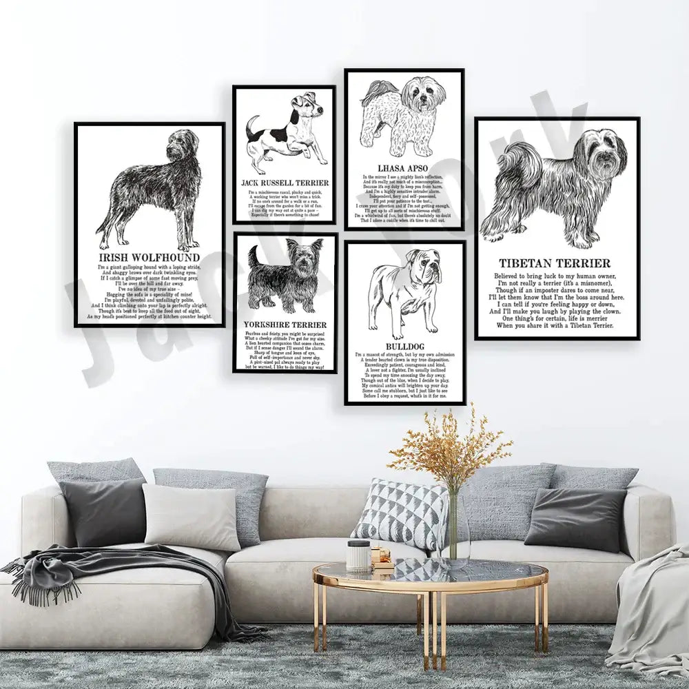 Set of framed black and white dog poetry posters with detailed illustrations and text for living room wall art