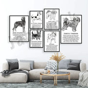 Set of framed black and white dog poetry posters with detailed illustrations and text for living room wall art