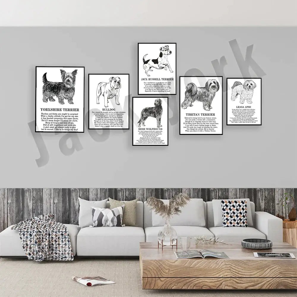 Set of six framed black and white dog poetry posters with illustrations and text displayed in a modern living room wall art
