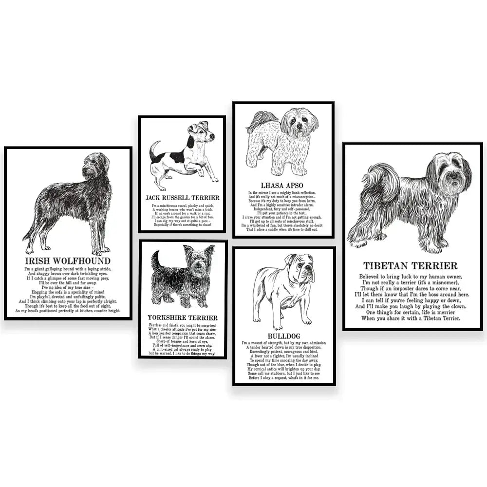 Set of six framed black and white dog poetry posters with detailed illustrations for living room wall art decor