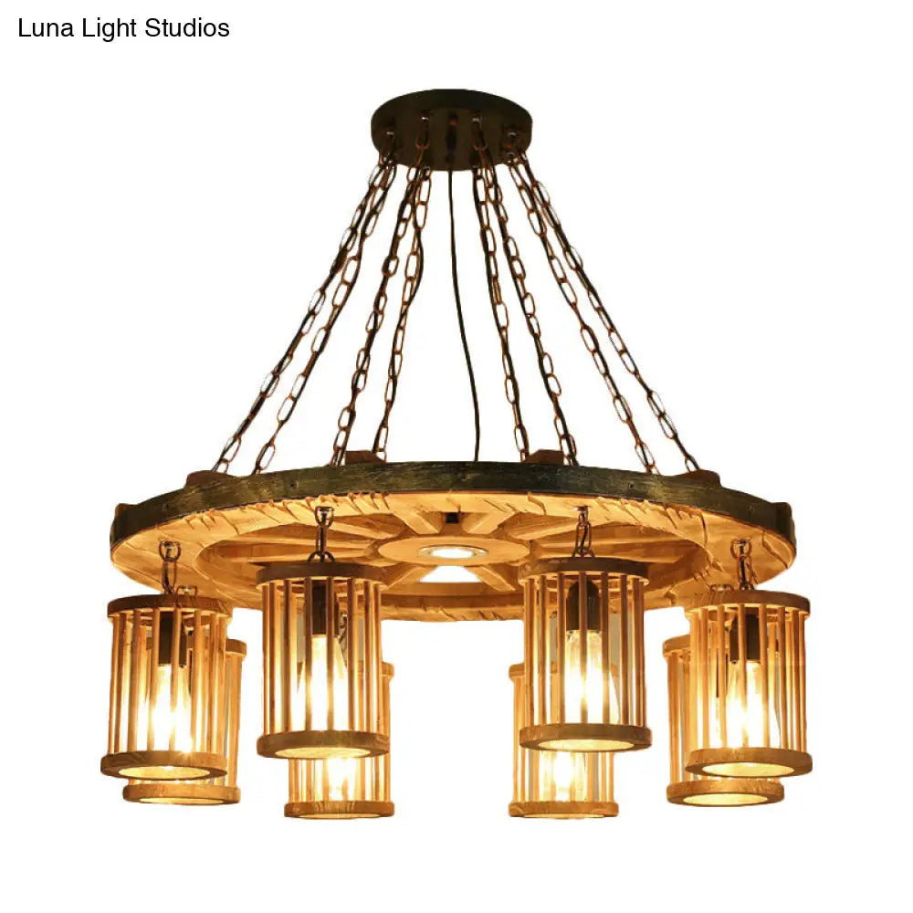 FranÃ§oise - Retro Retro Cylinder Chandelier Light Fixture 8-Bulb Wood Ceiling Pendant with Wheel for Living Room